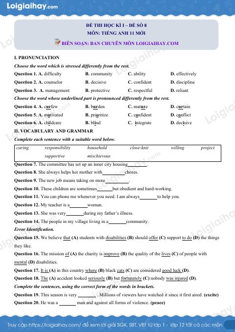 Đề số 8 - Đề kiểm tra học kì 1 - Tiếng Anh 11 mới